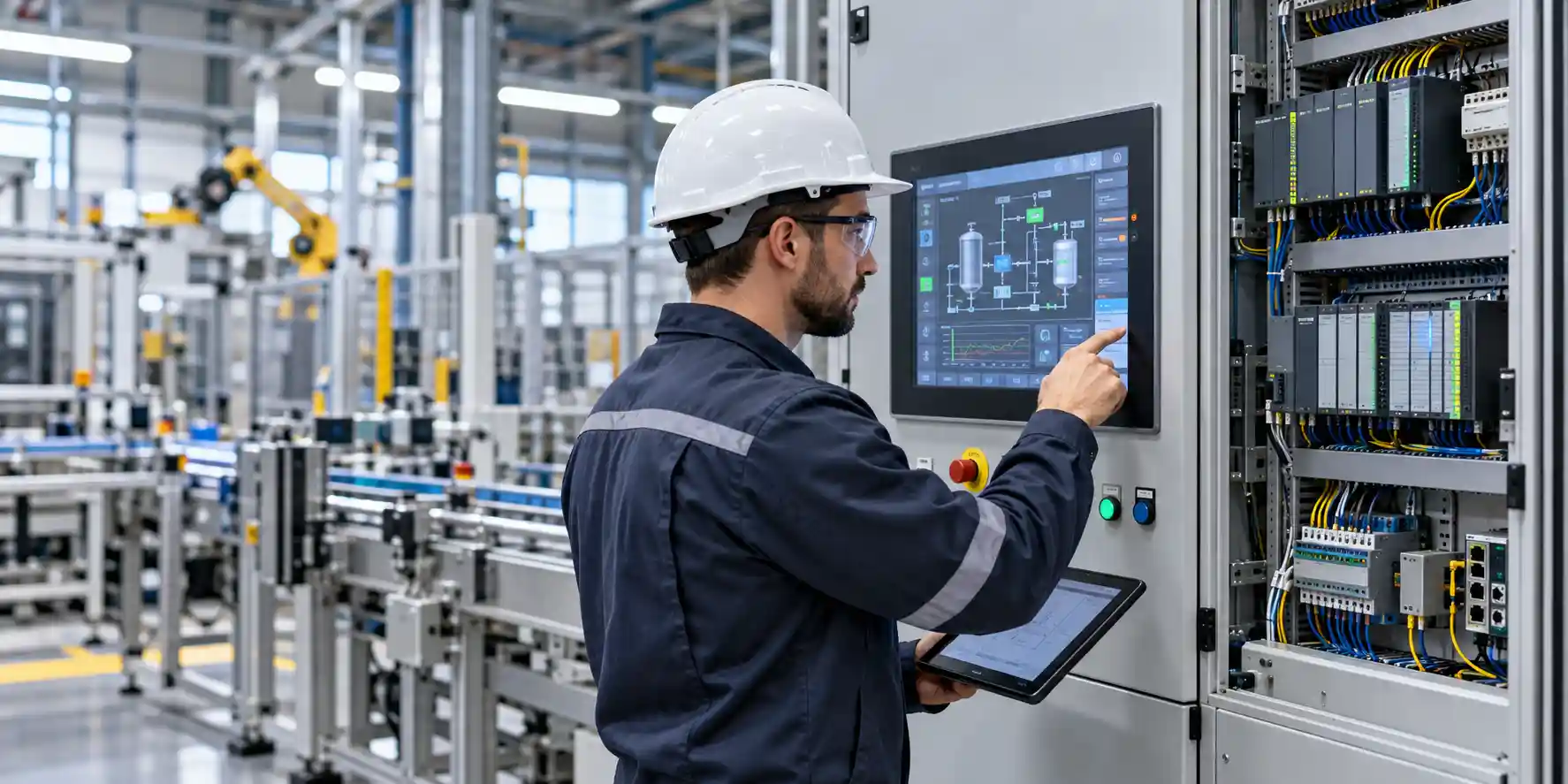 An electrical engineer configuring an industrial HMI touchscreen panel inside a control room.
