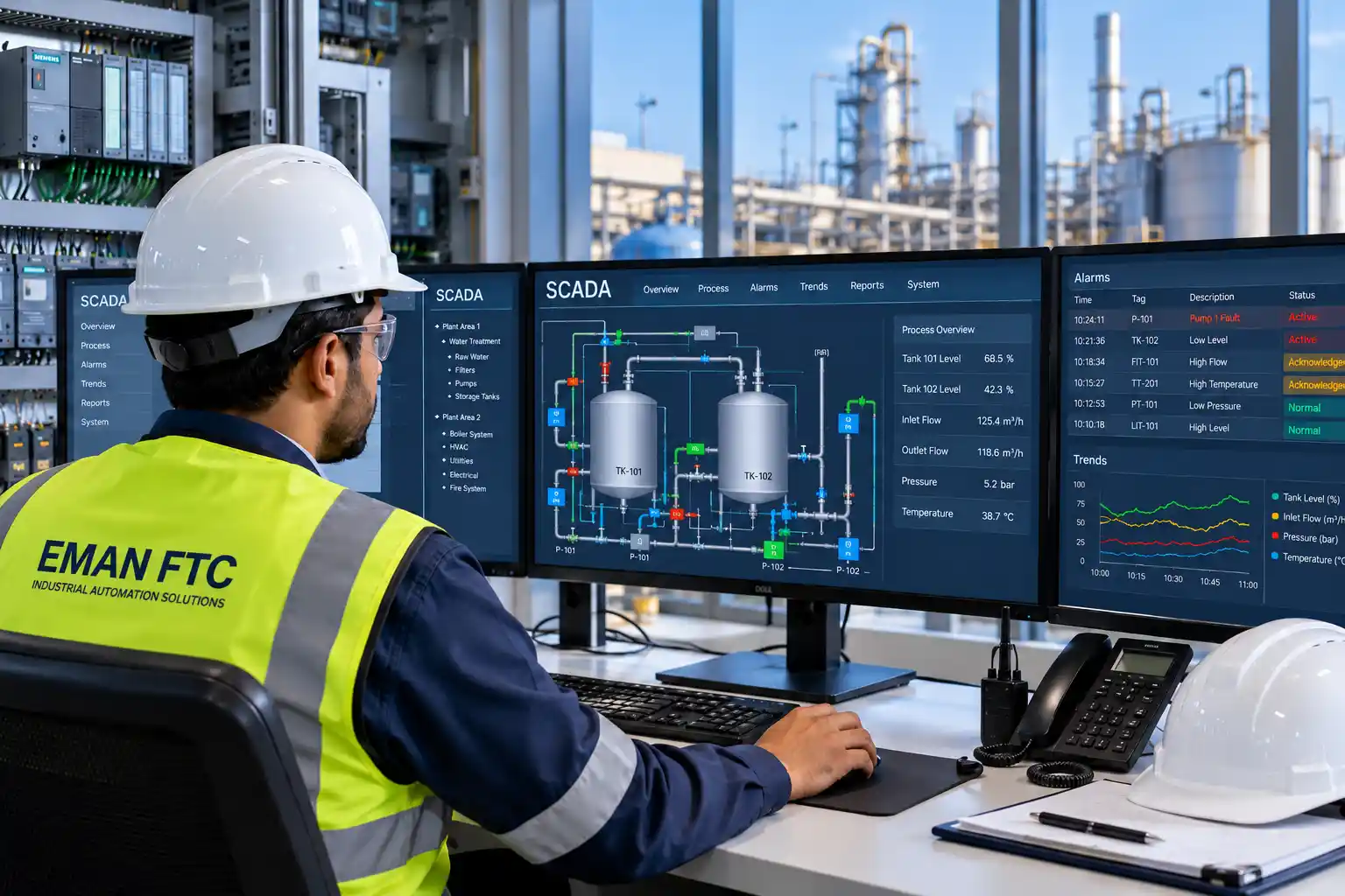 Engineer monitoring and integrating an industrial SCADA system with PLC, HMI, alarms, and process controls in Saudi Arabia
