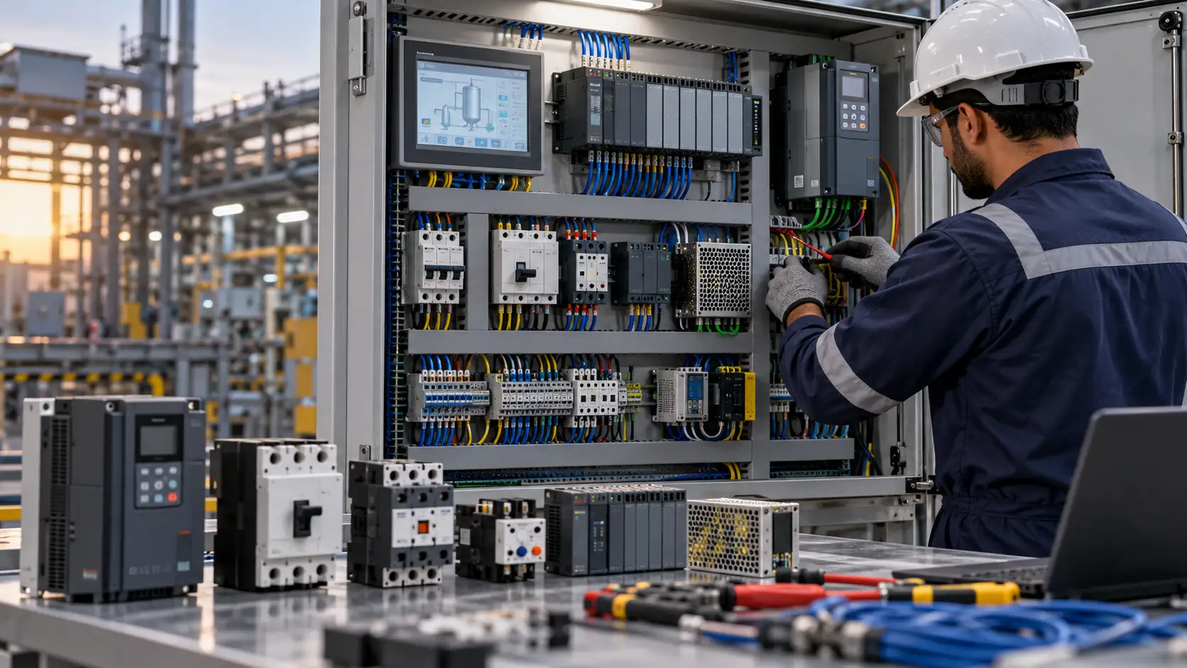 Control panel troubleshooting and maintenance with PLC, VFD, HMI, circuit breakers and industrial automation components in Saudi Arabia