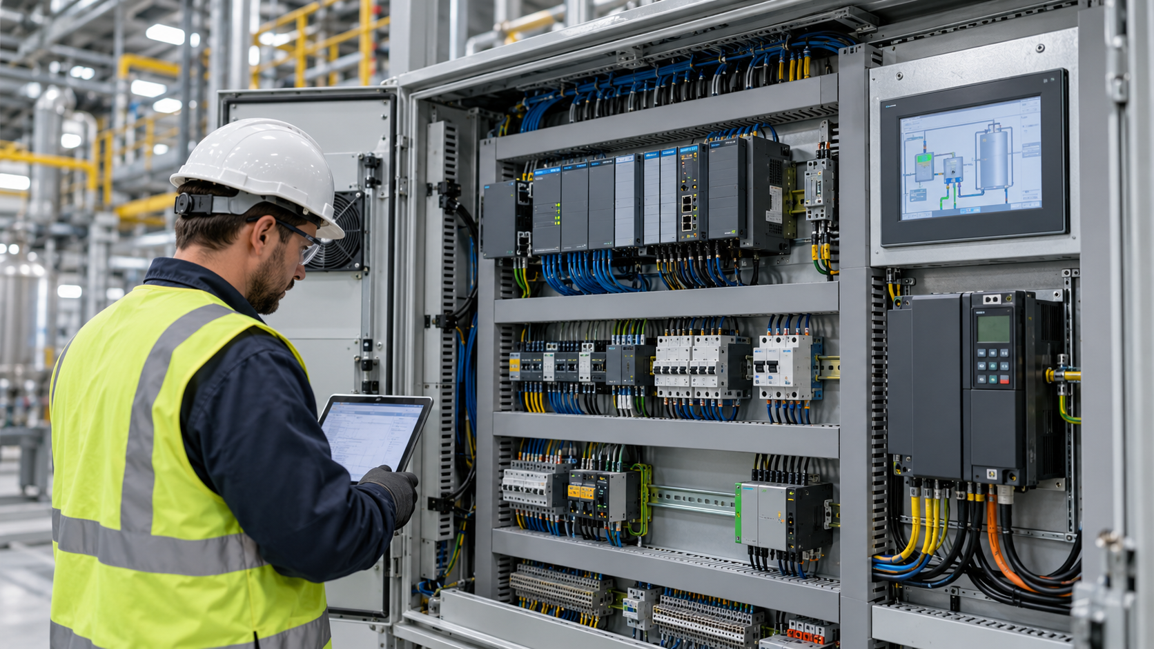 Industrial engineer inspecting PLC, HMI, VFD, and electrical control panel during automation system upgrades and retrofitting.