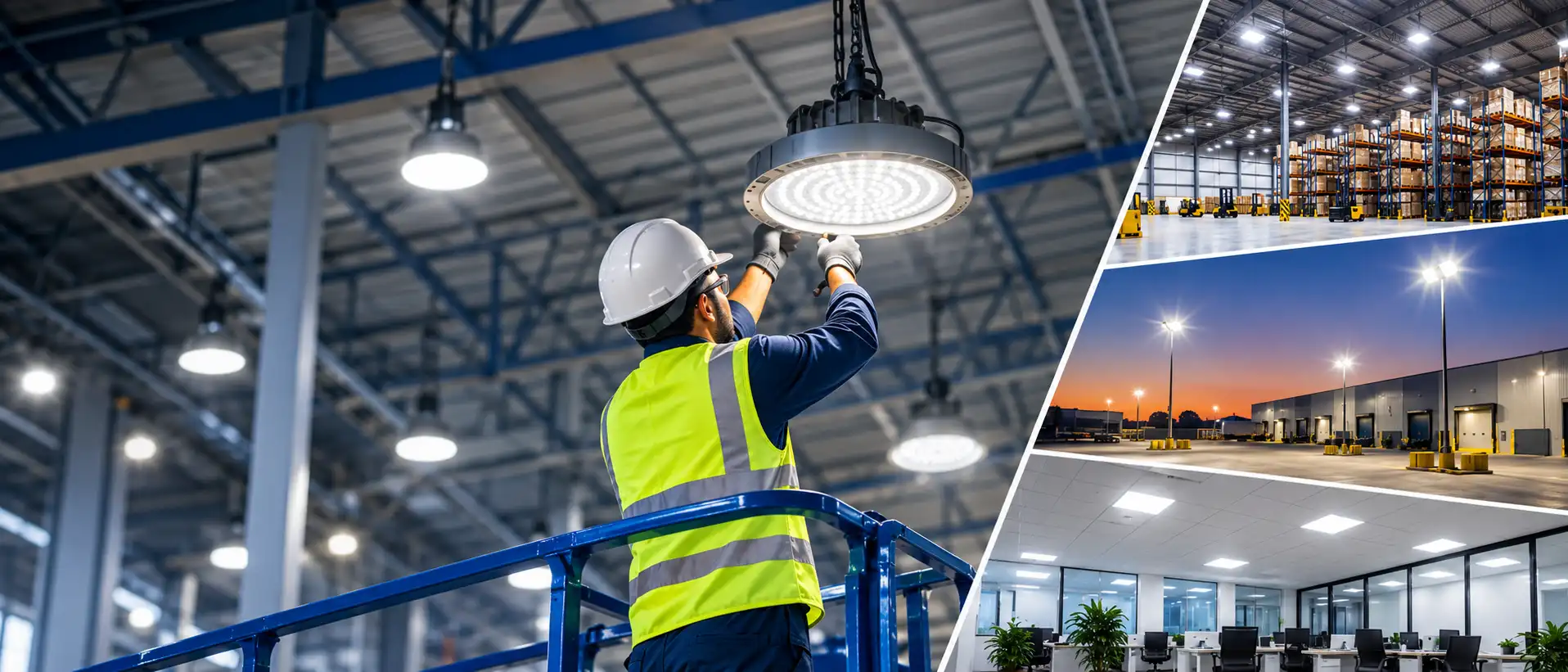 Industrial technician installing LED high bay lighting in a warehouse, with outdoor floodlights and commercial lighting applications in Saudi Arabia.