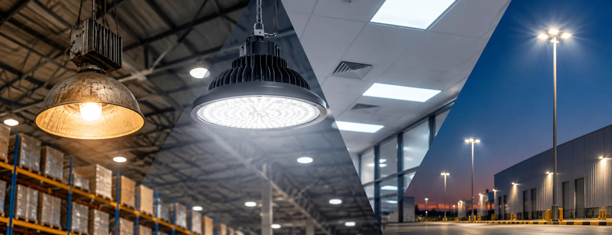 Industrial lighting replacement and LED retrofitting showing old warehouse lights, modern LED high bay fixtures, commercial ceiling panels, and outdoor lighting in Saudi Arabia.