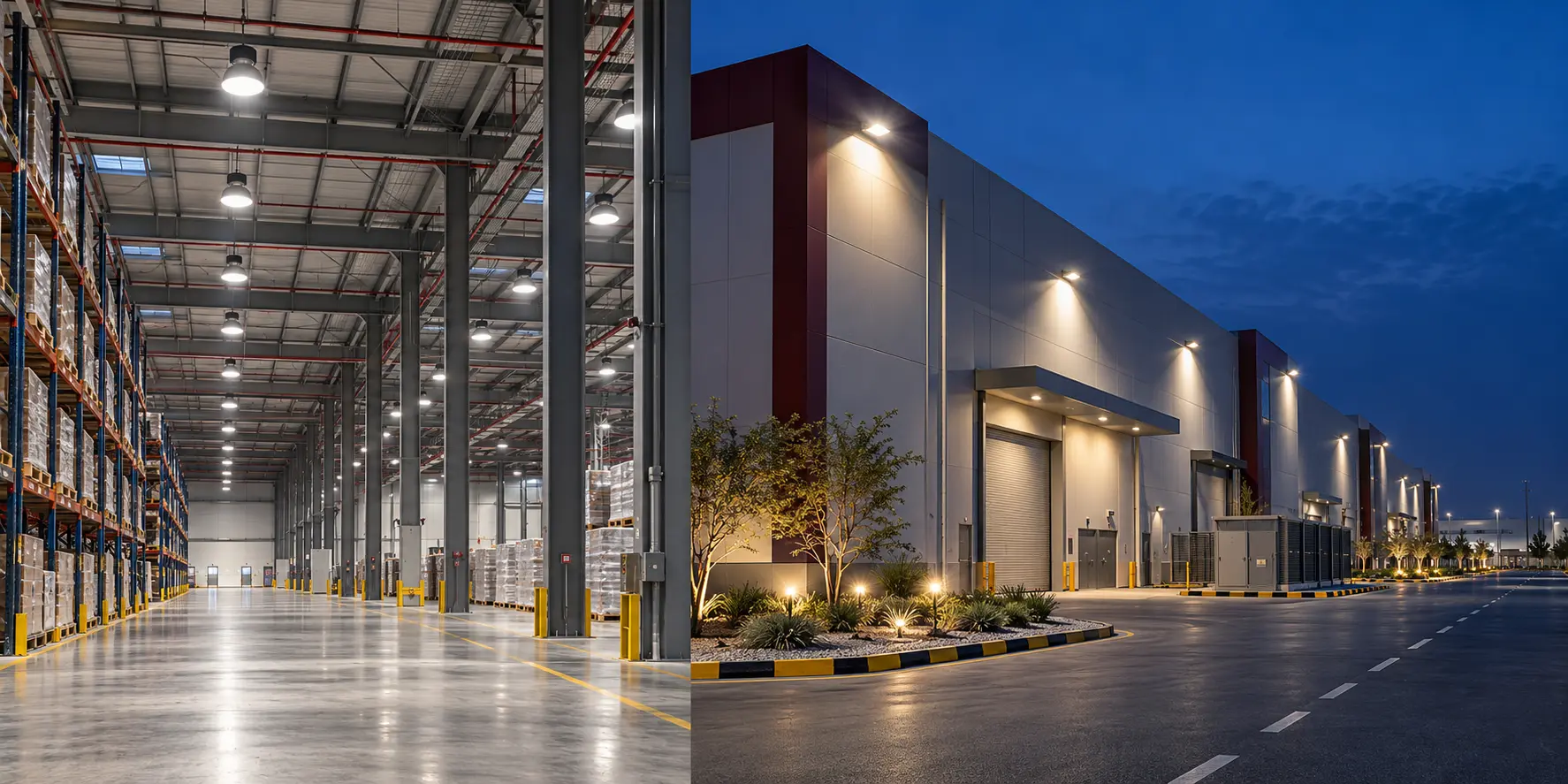 Indoor LED high-bay lighting and outdoor facility lighting for industrial buildings in Saudi Arabia.