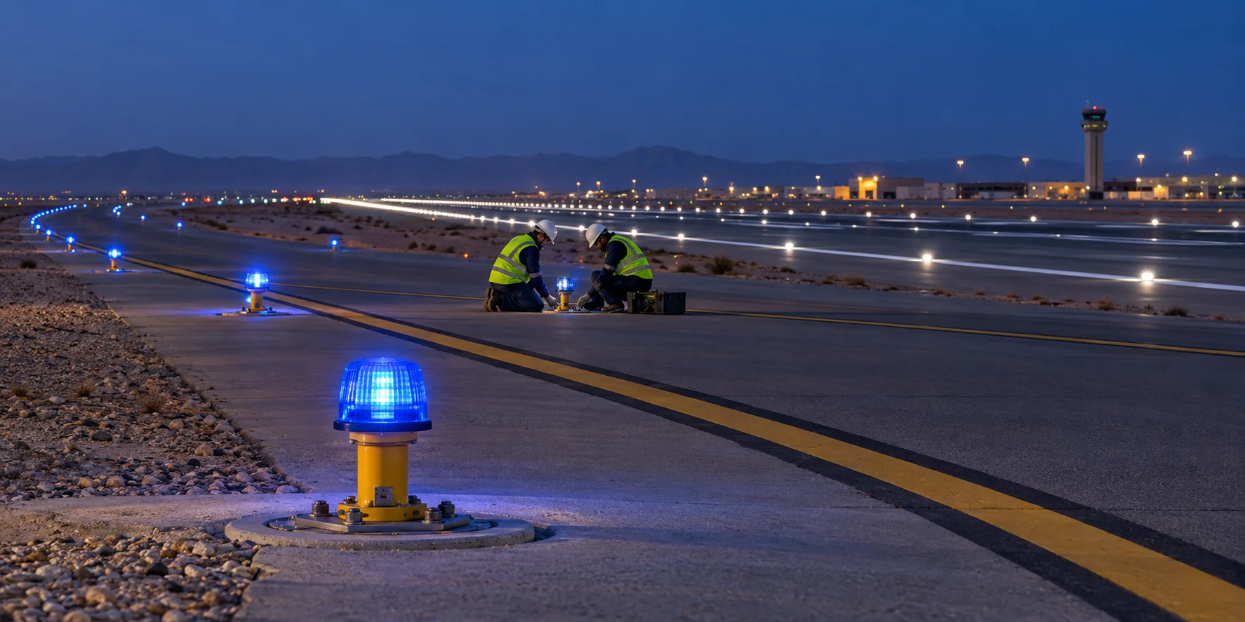 Technicians installing taxiway lighting beside illuminated runway lights at an airport at dusk.