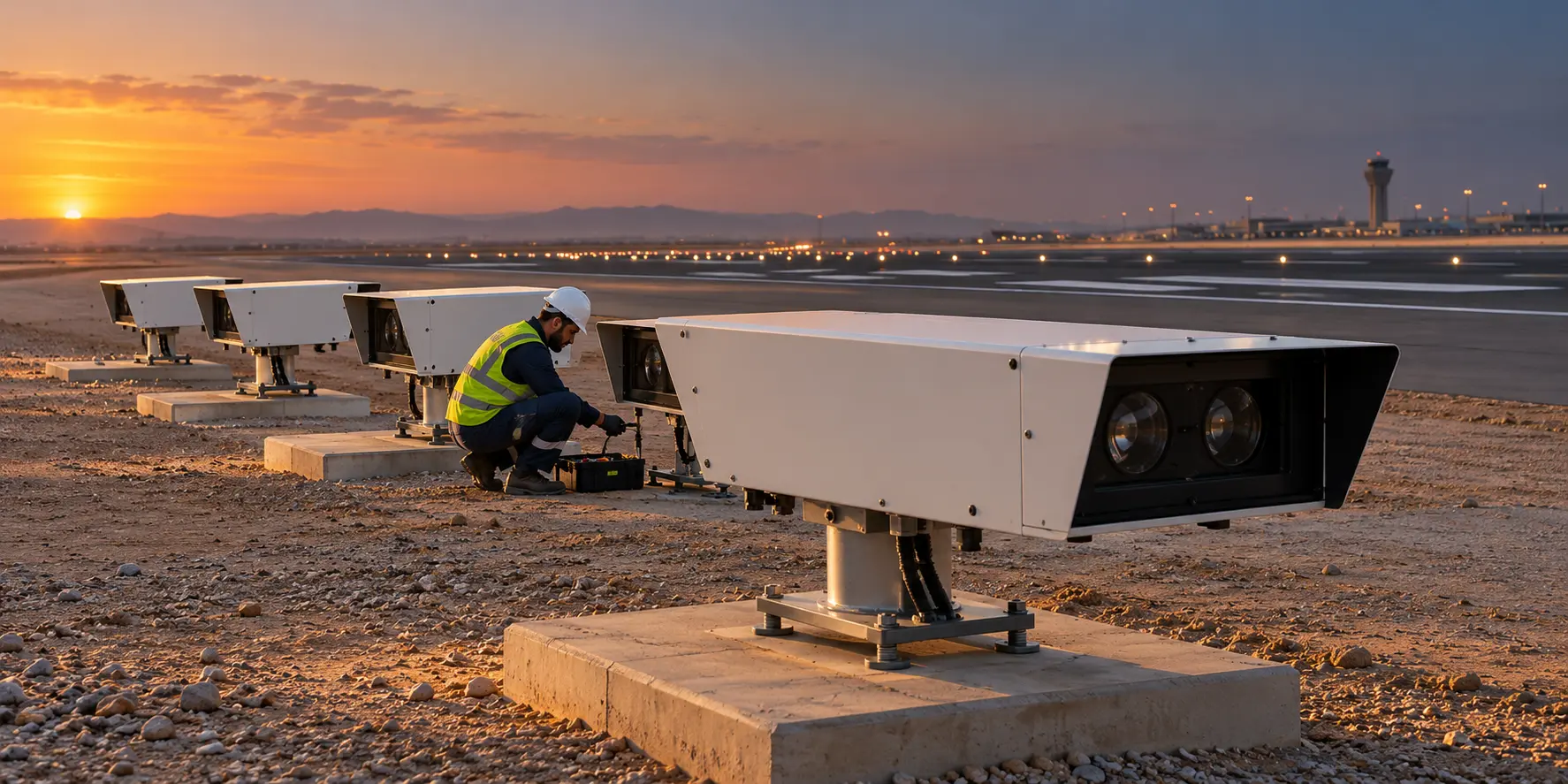 Technician inspecting PAPI lighting beside an airport runway, illustrating EMAN FTC’s PAPI lighting systems services.