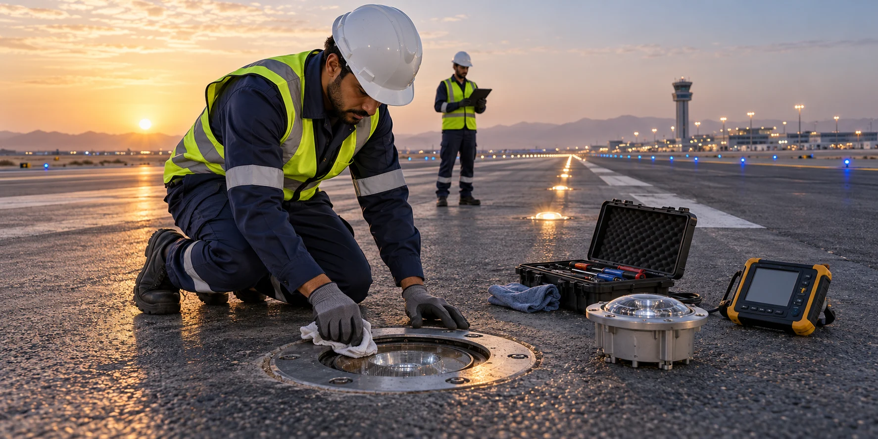 Technician inspecting and cleaning an inset runway light, illustrating EMAN FTC’s airfield lighting maintenance services.