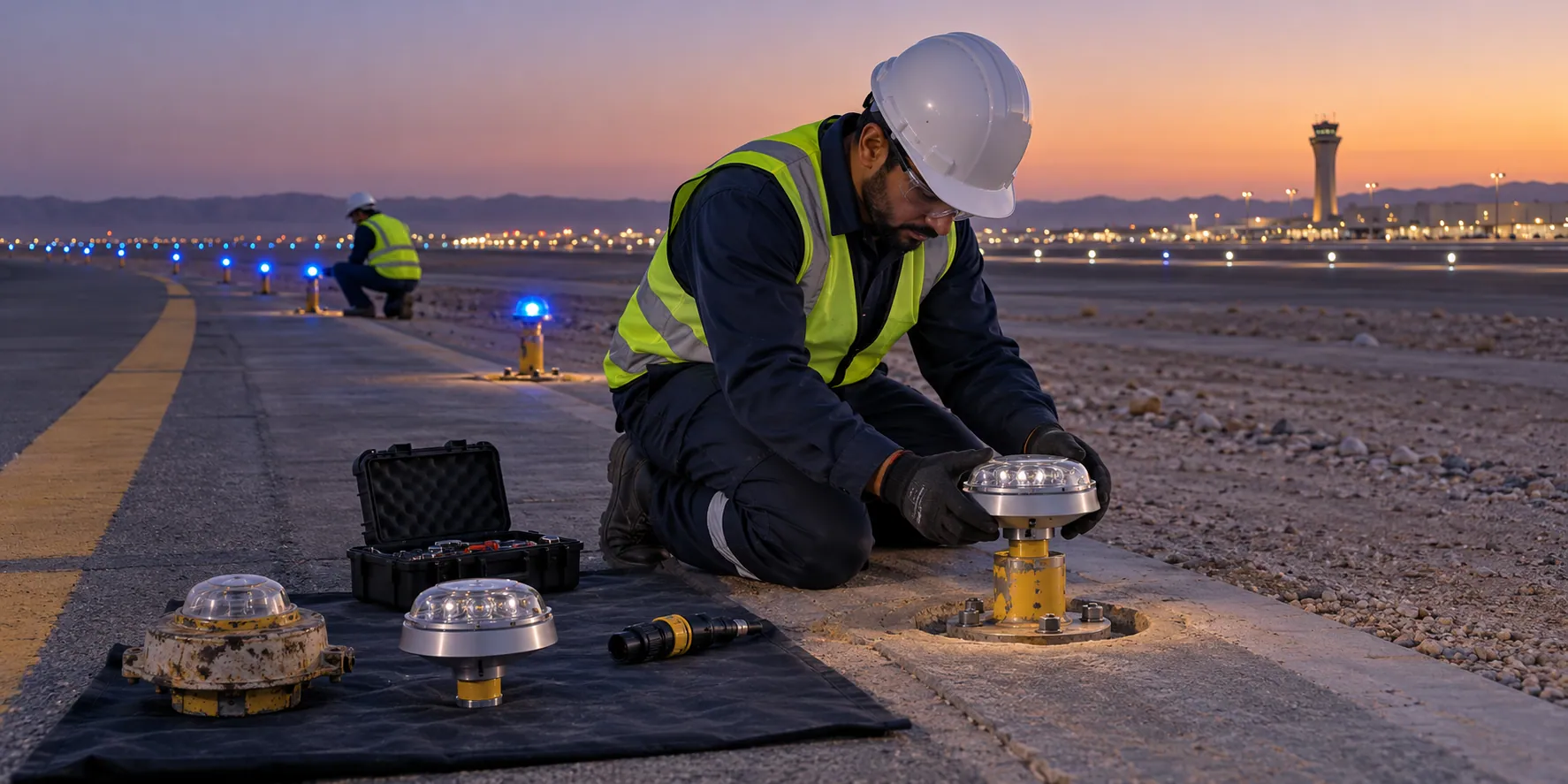Old and new LED airfield lighting fixtures on a workbench, illustrating EMAN FTC’s airport lighting upgrades and retrofitting services.