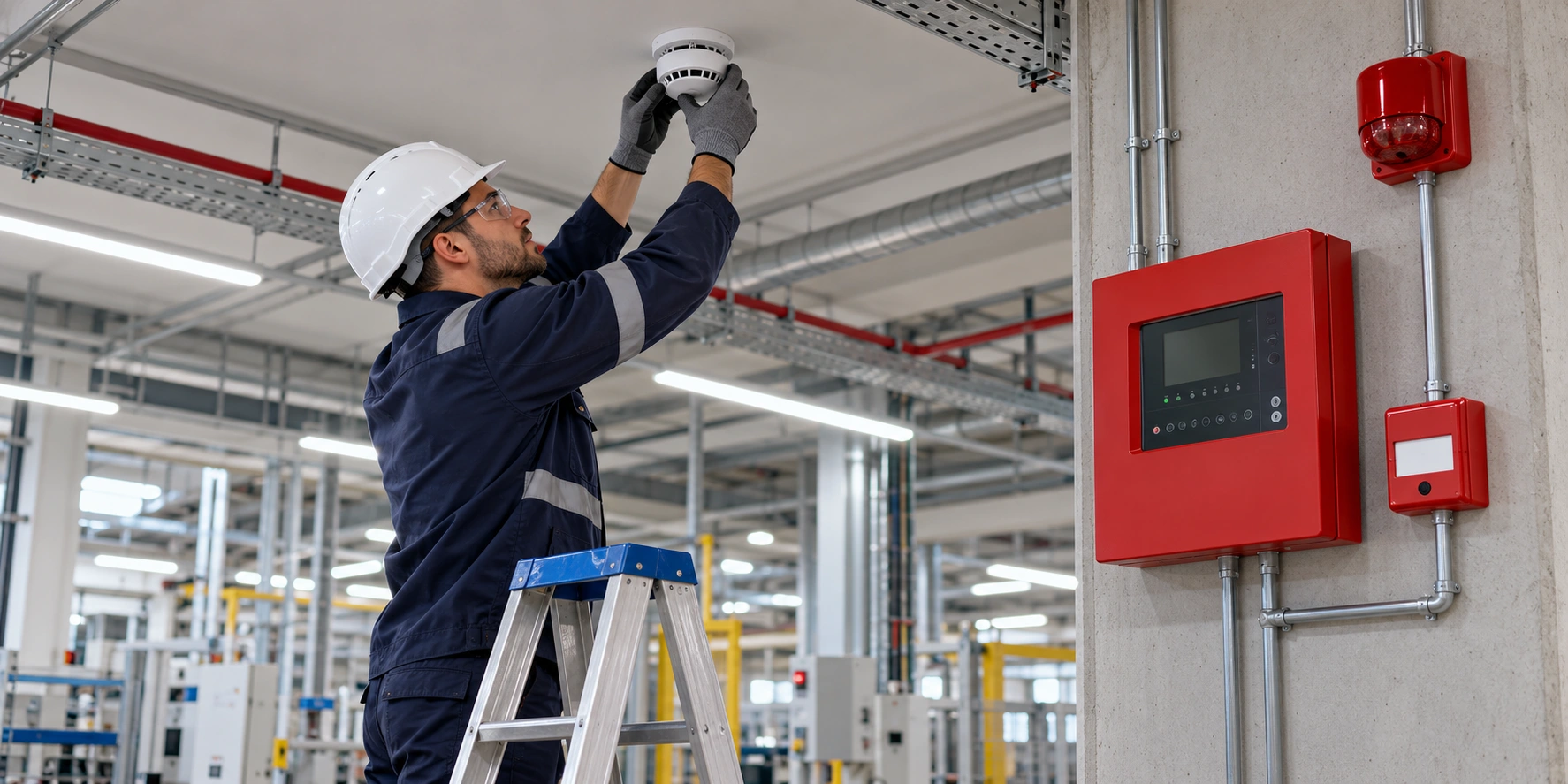 Technician installing a ceiling smoke detector beside a fire alarm control panel, illustrating EMAN FTC’s fire alarm system installation services in Saudi Arabia.
