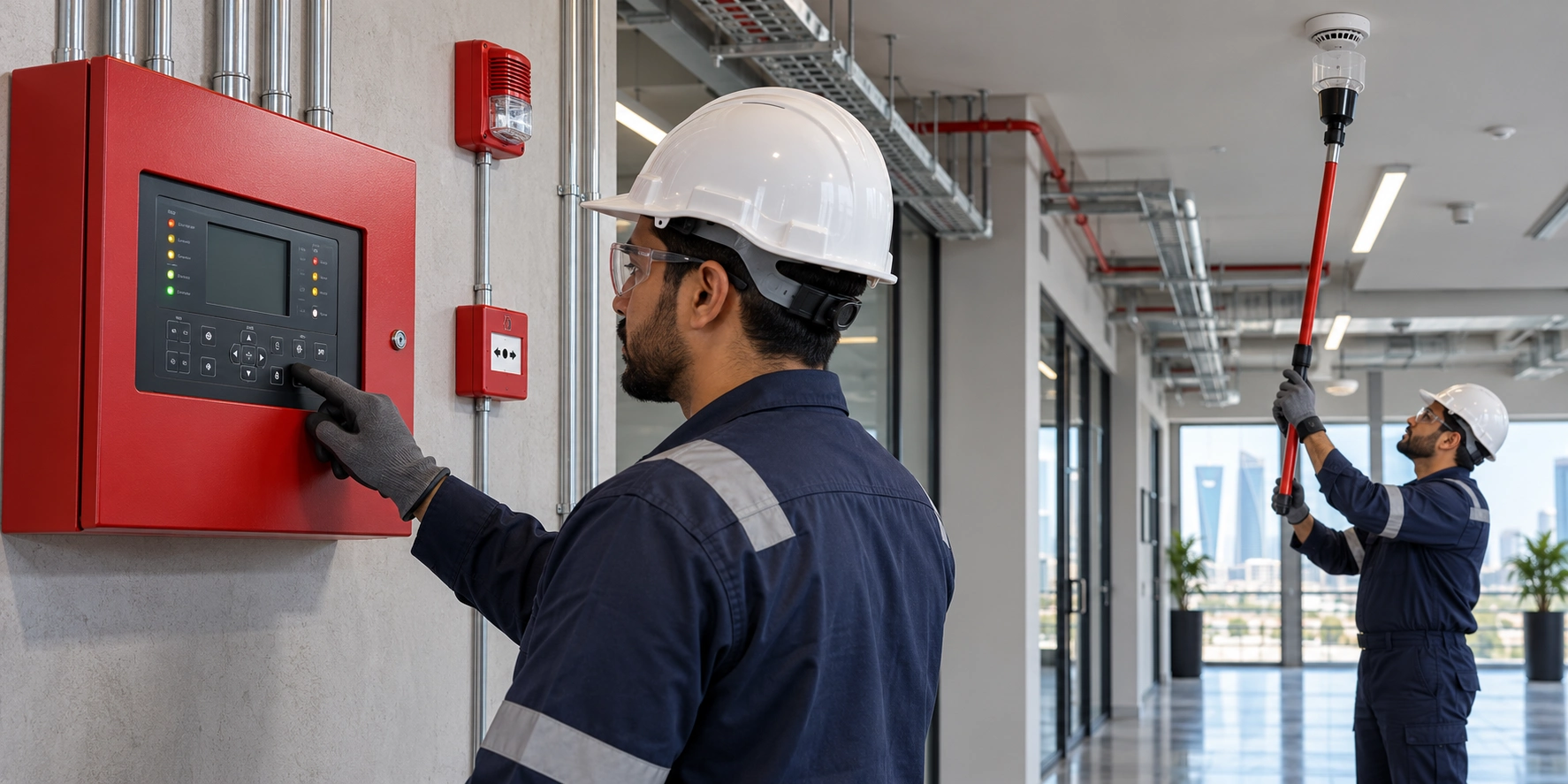 Technicians checking a fire alarm panel and testing a smoke detector, illustrating EMAN FTC’s fire alarm maintenance service in Saudi Arabia.